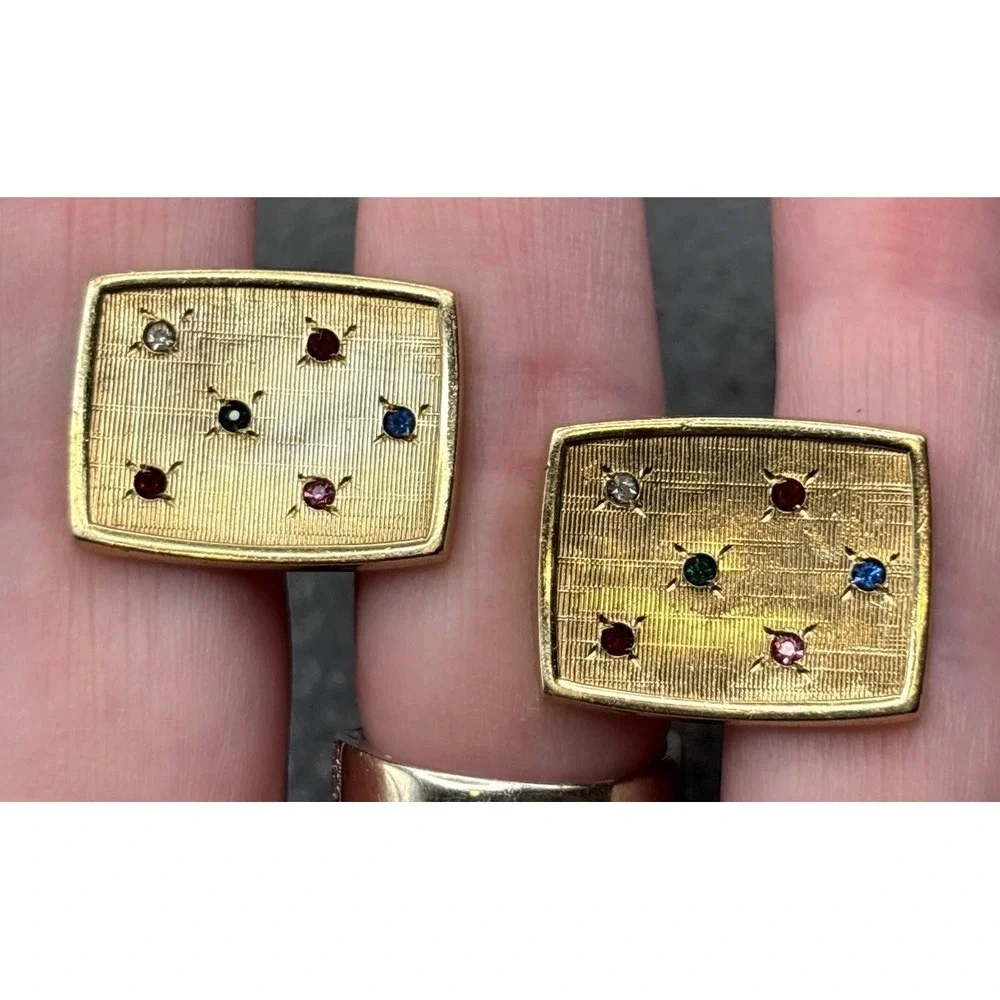 Vintage 12K Gold Filled Cufflinks Multicolor Rhinestone Modernist MCM Design